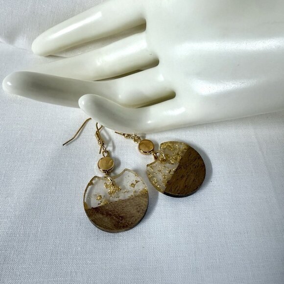 Boho Gold Tone Wood Resin Dangle Earrings – Round Drop with Gold Leaf Accents 2" - Picture 3 of 3